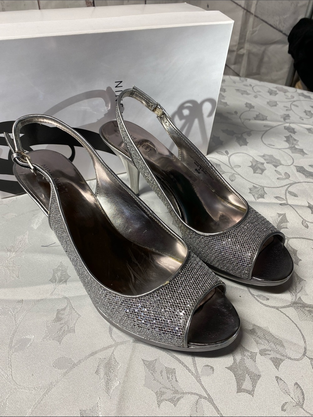 Nine West Silver Glitter Slingback Peep-Toe Heels